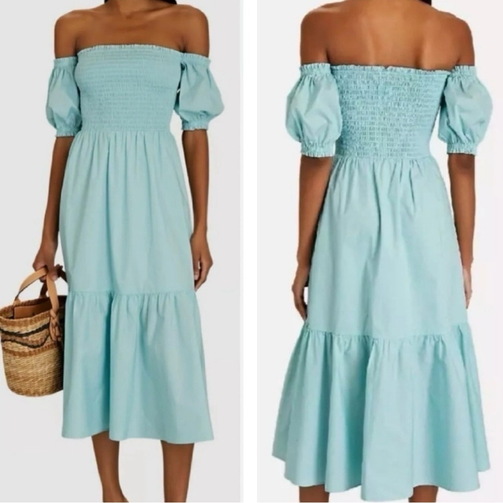 INTERMIX Blue Smocked Off the Shoulder Midi Dress